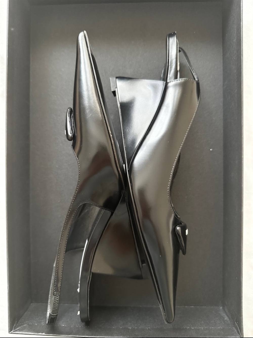 Prada Black Pointed Patent Slingback Pumps with Logo Plaque - Picture 3 of 4